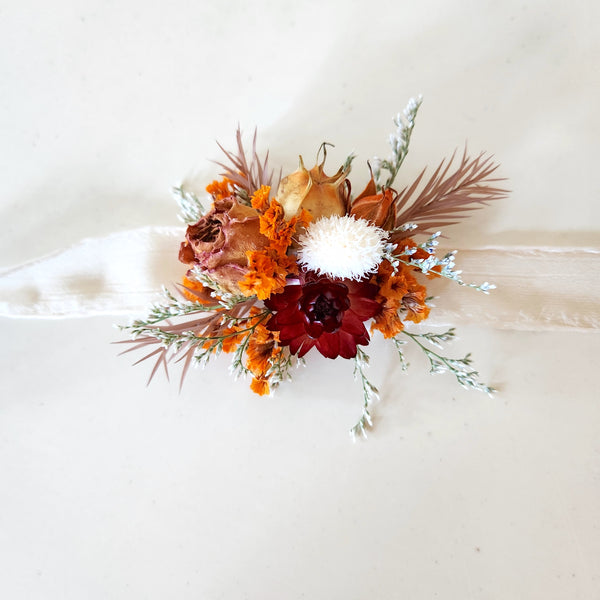 Autumn Wildflower Corsage, Orange Maroon Wrist Flower, Wedding Floral, Event Flower