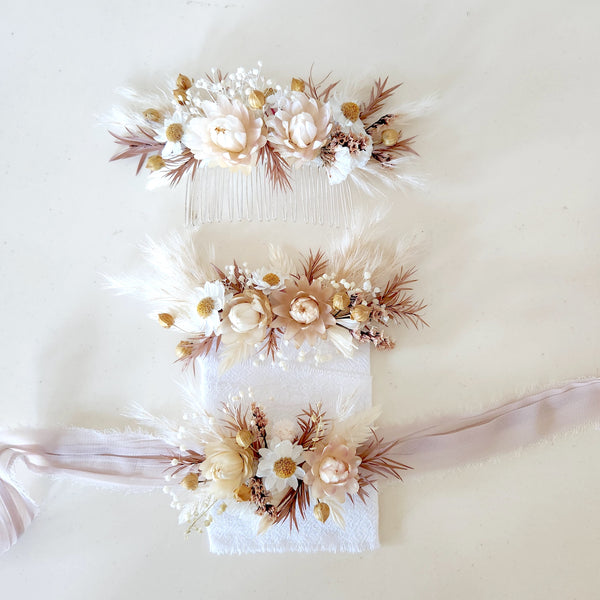 Boho Neutral Tone Dried Flower Wedding Floral Accessories, Hair Comb, Pocket Flower, Wrist Flower