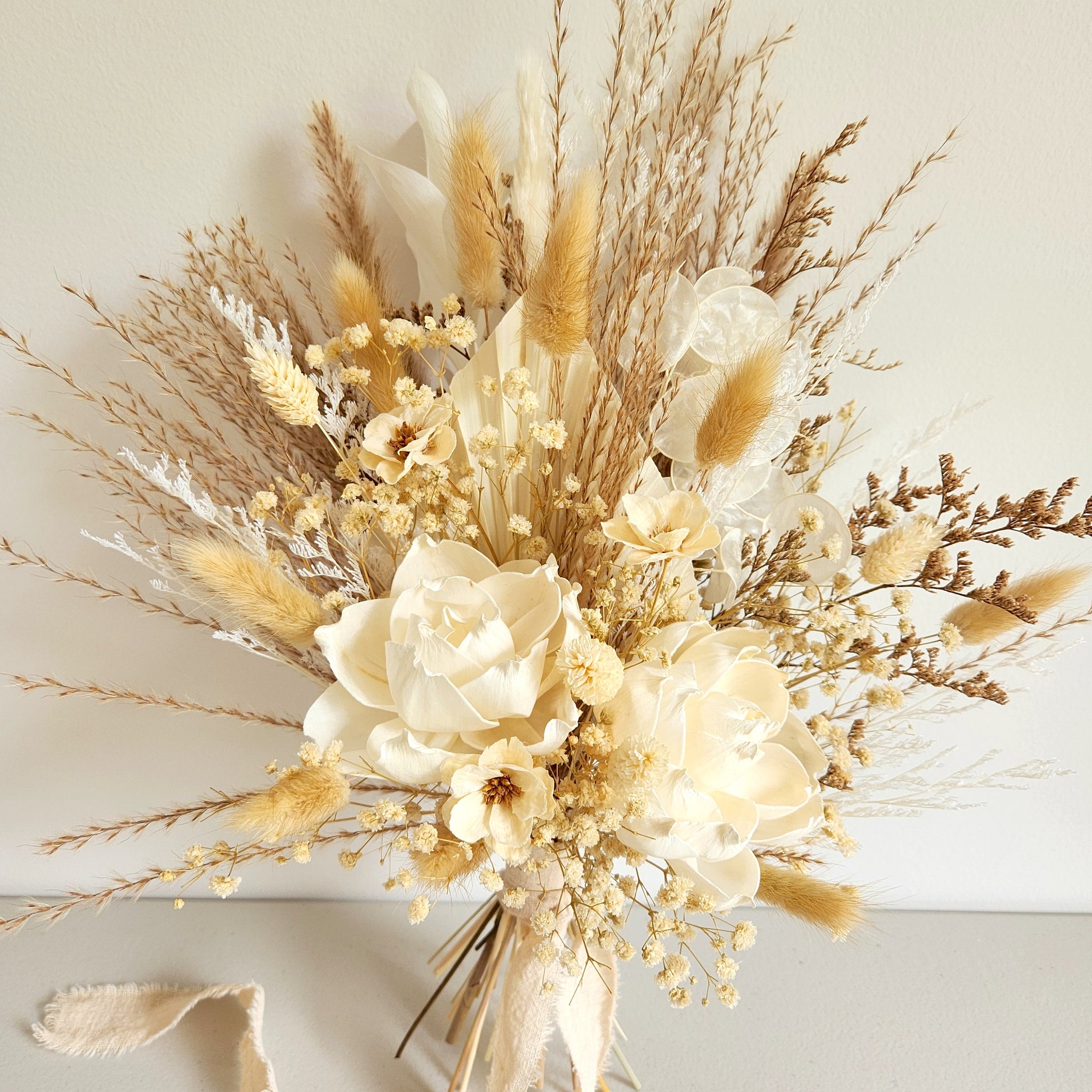 Boho Neutral Tone Dried Flower Bouquet, Ivory, Beige, Wedding Floral Arrangement