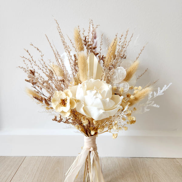 Boho Neutral Tone Dried Flower Bouquet, Ivory, Beige, Wedding Floral Arrangement