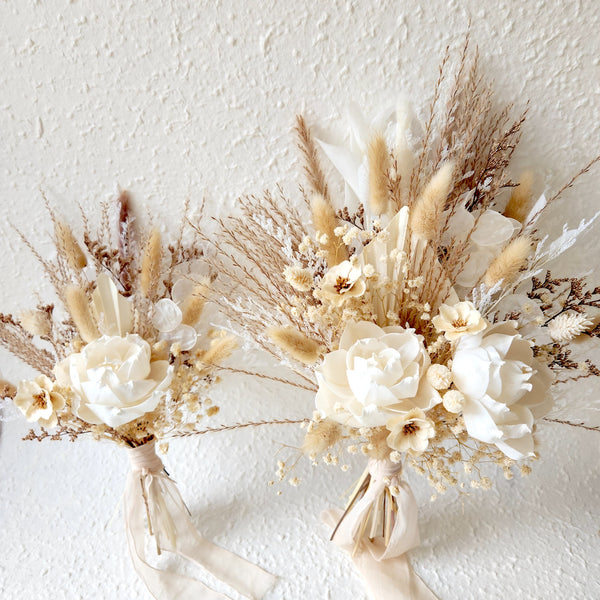 Boho Neutral Tone Dried Flower Bouquet, Ivory, Beige, Wedding Floral Arrangement
