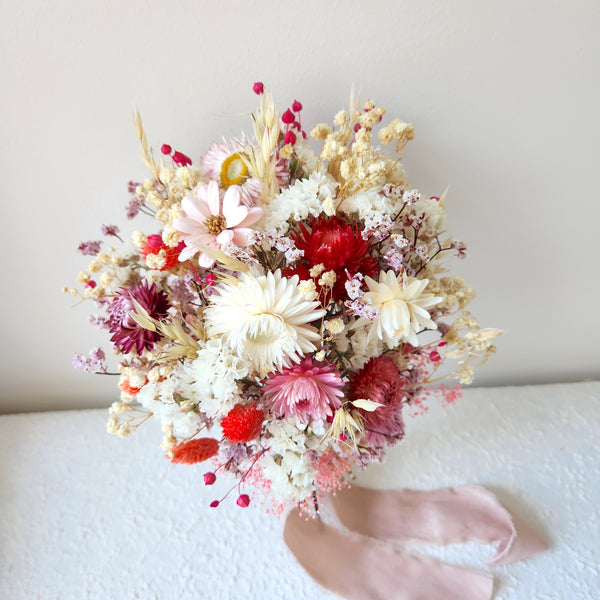Strawflower Bouquet, Pink and Creamy Dried Flower Wedding Bouquet