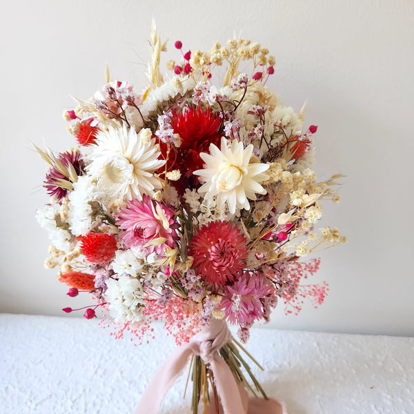Strawflower Bouquet, Pink and Creamy Dried Flower Wedding Bouquet