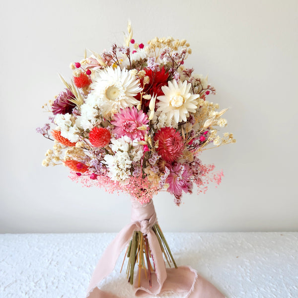 Strawflower Bouquet, Pink and Creamy Dried Flower Wedding Bouquet