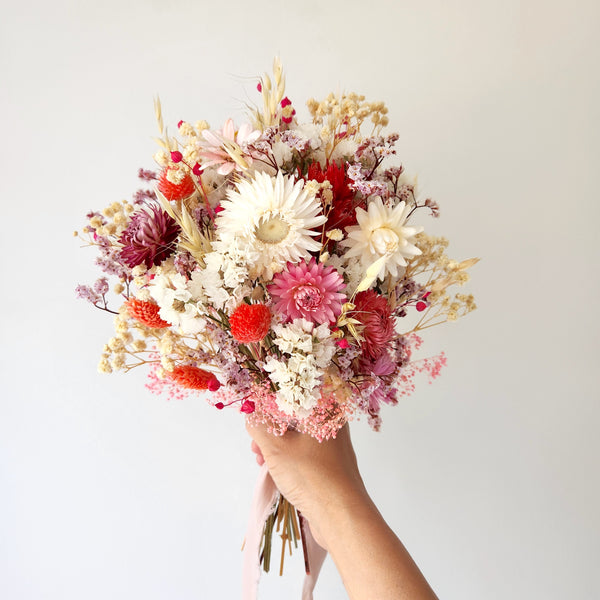 Strawflower Bouquet, Pink and Creamy Dried Flower Wedding Bouquet