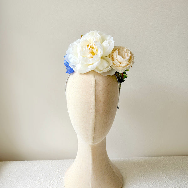 Silk Flower Headband, White and Blue, Wedding Flower Crown, Hair Accessories (Copy)