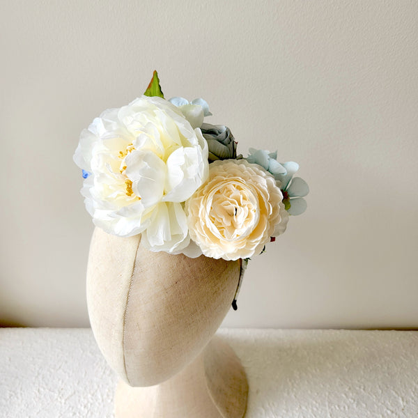 Silk Flower Headband, White and Blue, Wedding Flower Crown, Hair Accessories (Copy)