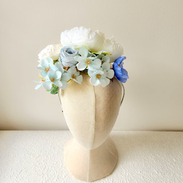 Silk Flower Headband, White and Blue, Wedding Flower Crown, Hair Accessories (Copy)