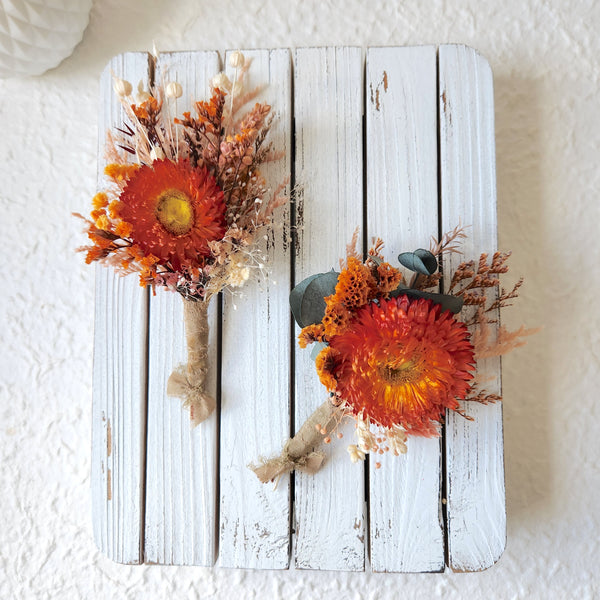 Orange Dried Flower Boutonnieres, Autumn Dried Flowers, Wedding Flowers