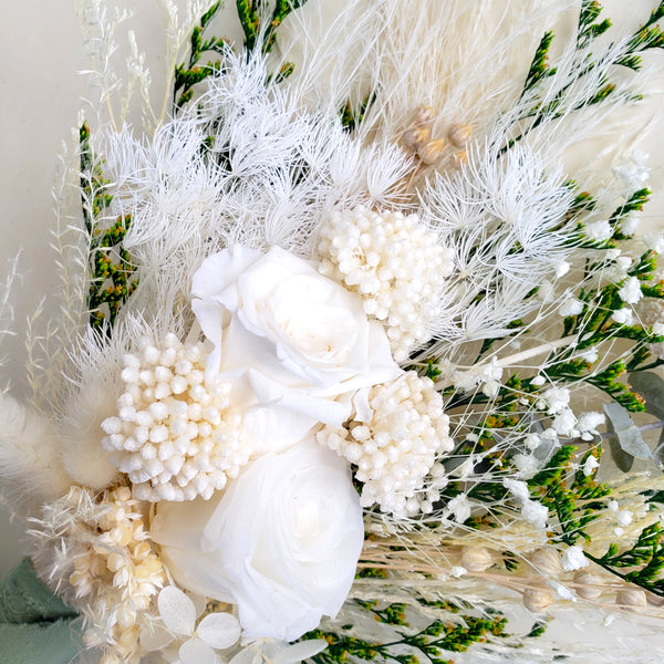 Boho Dried Flower Bouquet, White and Greenery Wedding Flower Bouquet