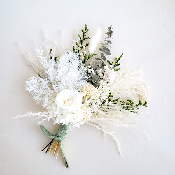 Boho Dried Flower Bouquet, White and Greenery Wedding Flower Bouquet