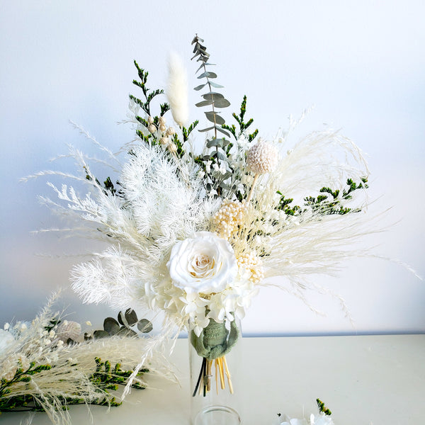 Boho Dried Flower Bouquet, White and Greenery Wedding Flower Bouquet