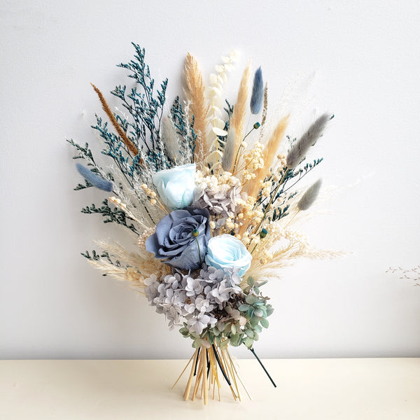 Dusty Blue Dried Flower Wedding Bouquet, Teal Blue