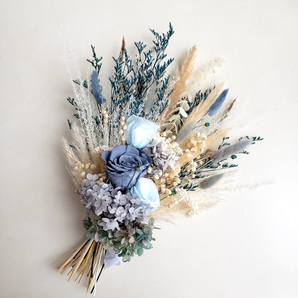 Dusty Blue Dried Flower Wedding Bouquet, Teal Blue