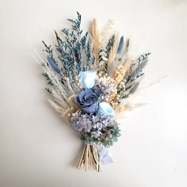 Dusty Blue Dried Flower Wedding Bouquet, Teal Blue