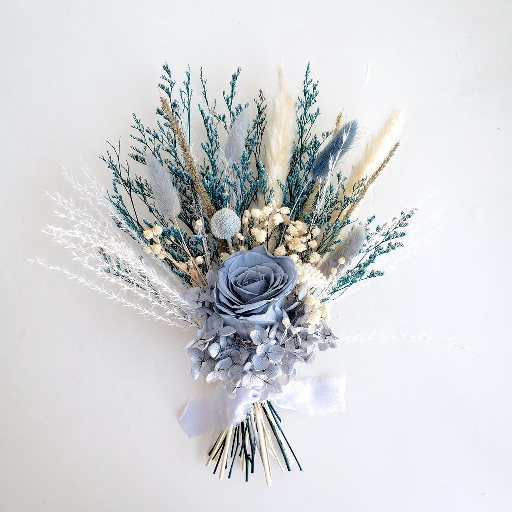 Dusty Blue Dried Flower Bouquet, Blue and Ivory Wedding Flowers