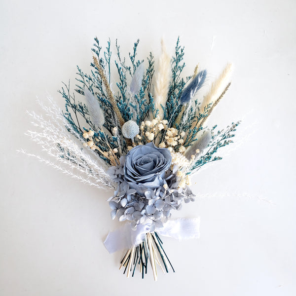 Dusty Blue Dried Flower Wedding Bouquet, Teal Blue