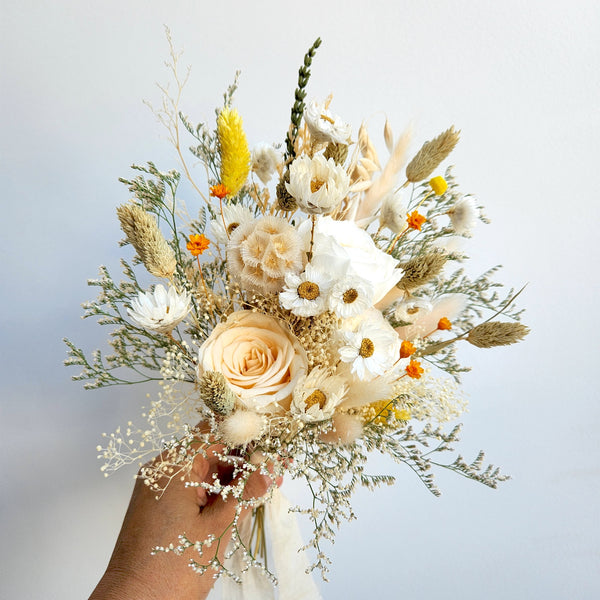 Dainty Dried Flower Wedding Bouquet, Ivory, Champagne