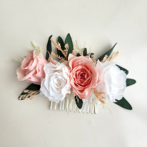 Dried Flower Hair Comb, Pink and White Roses