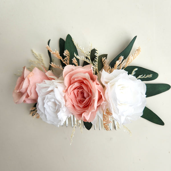 Dried Flower Hair Comb, Pink and White Roses