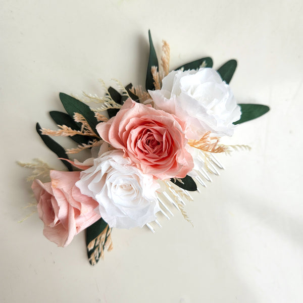 Dried Flower Hair Comb, Pink and White Roses